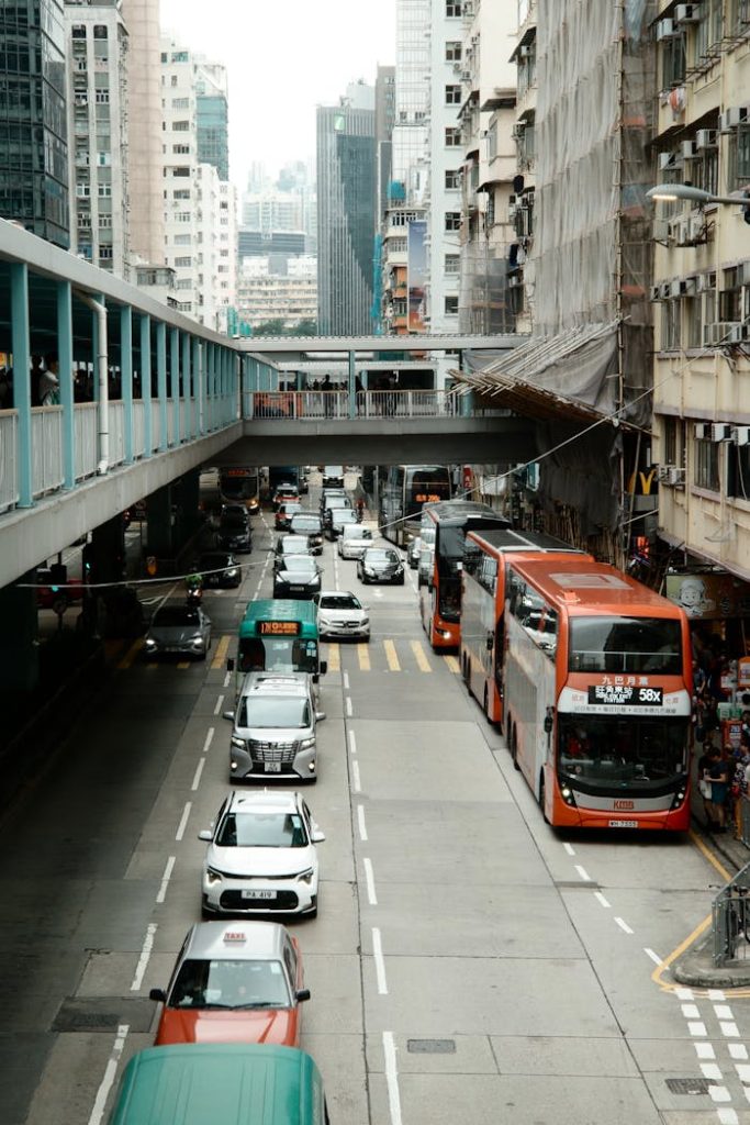 Cars and Buses on Avenue in City